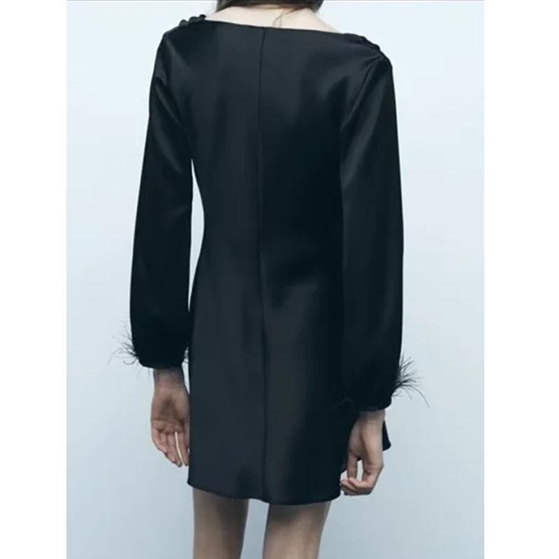 Fall and Winter New Women's Clothing Fashion Style V Neck Long Sleeves Feather Decorative Silk Section Texture Short Dress 9675748