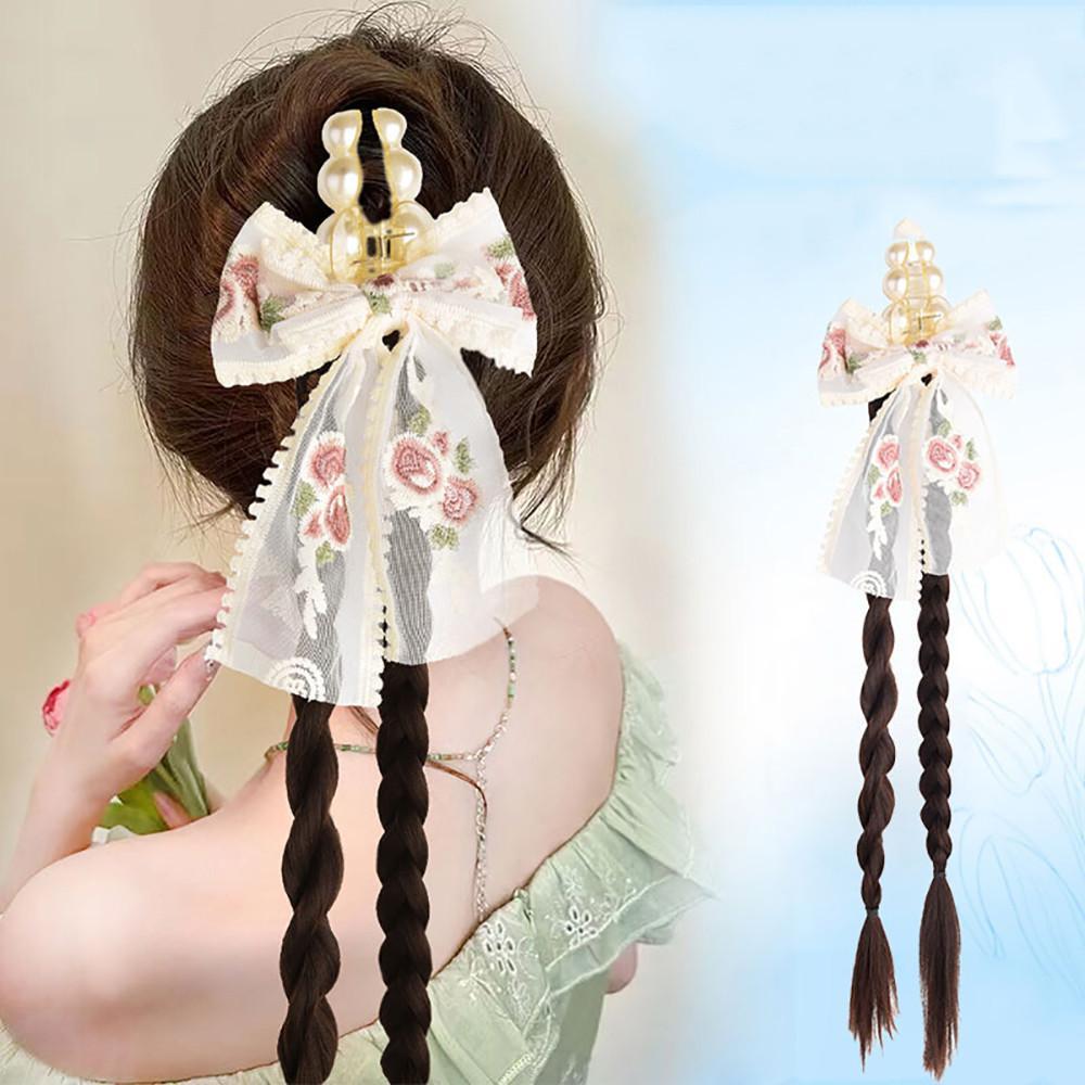 Female Synthetic Wig Lace Flower Bow Tie Tassel Grabbed Clip Wig Natural Fake Twist Ponytail Creative Gentle Versatile Hairstyle