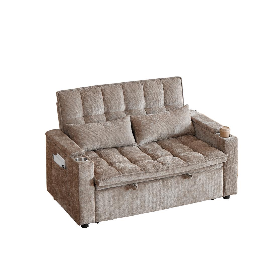 Un canapé-lit 3-en-1 de 142 cm de large avec fonction inclinable, coussins d'assise et de dossier doux comme des nuages, deux coussins lombaires, une étagère et un porte-gobelet