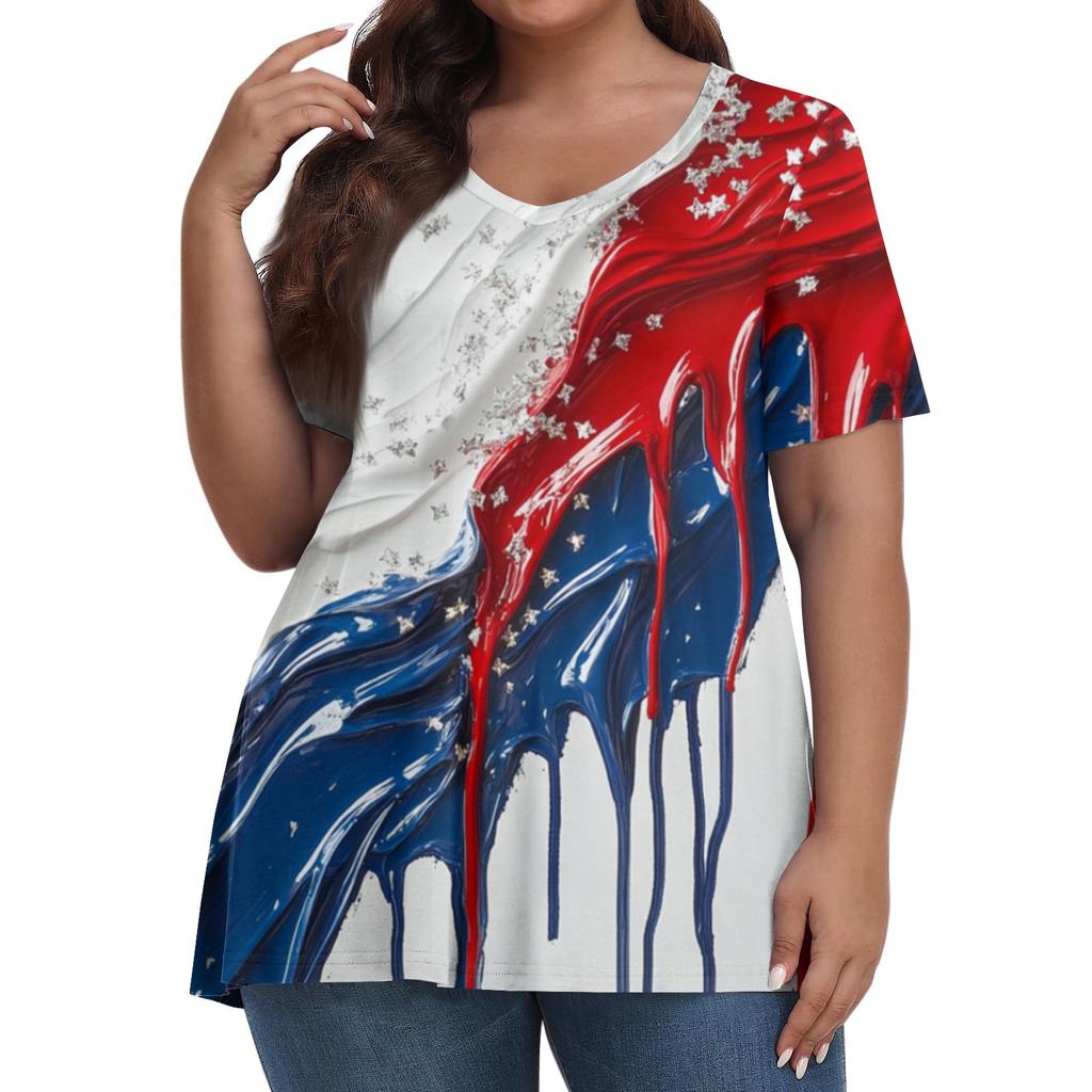 Women's Fashion Casual V-Neck Pullover Short Sleeve Large Size Independence Day Printed T-Shirt Top