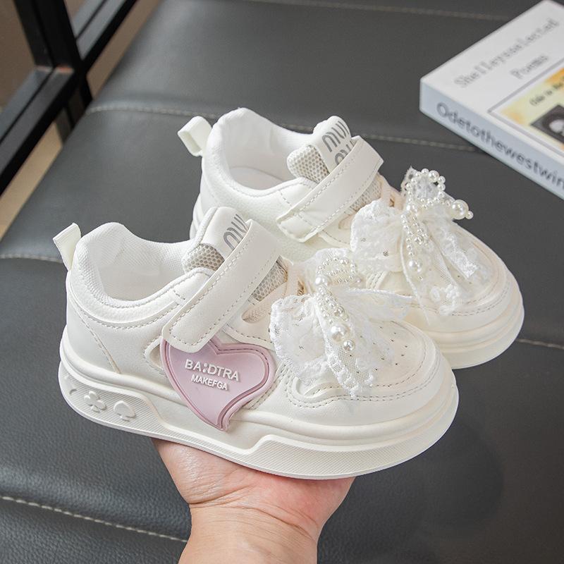 Girls' Sneakers Spring and Autumn New Children's White Shoes Leather Panel Shoes Flat Breathable Running Shoes Trendy