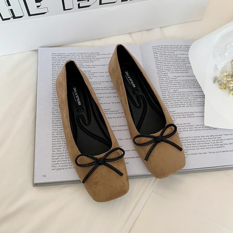 

-2 square head soft sole single shoes suede bow one pedal flat shoes fattened and widened large size women s shoes 45 хакі