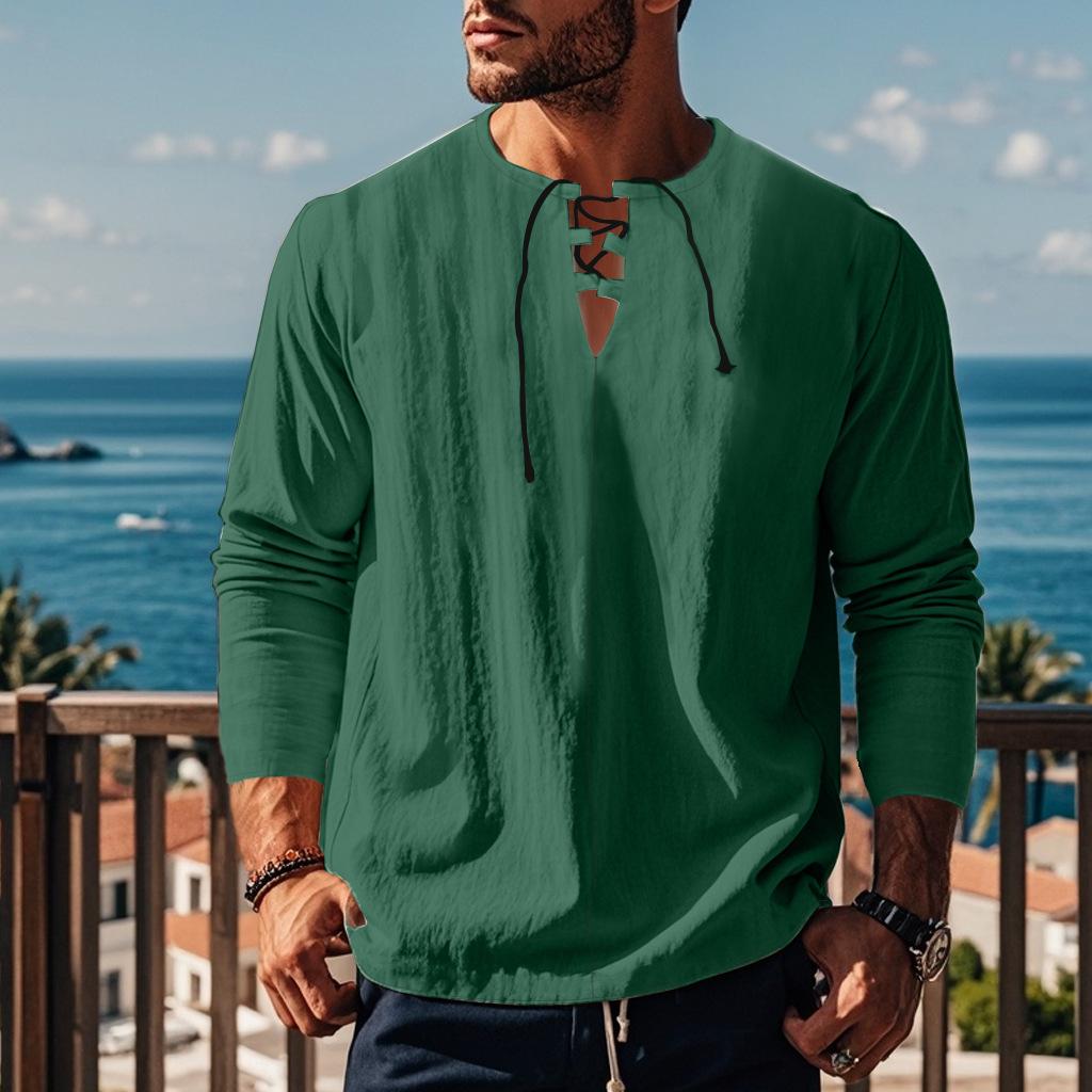 Maglietta da Uomo a Maniche Lunghe Autunnale con Scollo a V e Vestibilità Ampia in Cotone Canapa Tinta Unita Camicia Ruche da Spiaggia
