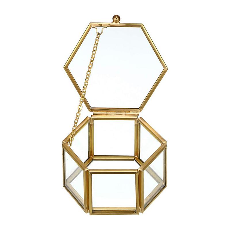 High-End Hexagonal Ring Box, Gold And Jewelry Accessory Box, Golden Glass Luxurious And Retro Jewelry Storage Box