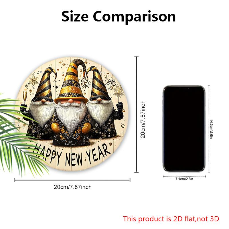 Celebrate The New Year Wooden Ornament with Gnomes Pattern - Happy New Year Round Sign for Front Door, Wall Hanging Decor