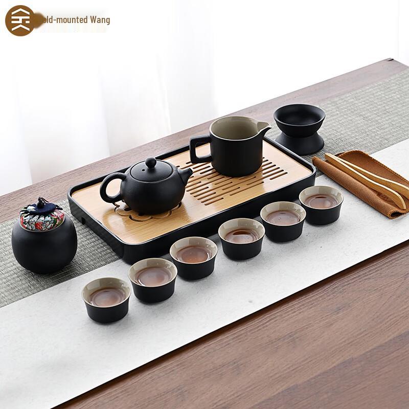 

Gold Inlaid Jade Kung Fu Tea Set with Black Ceramic