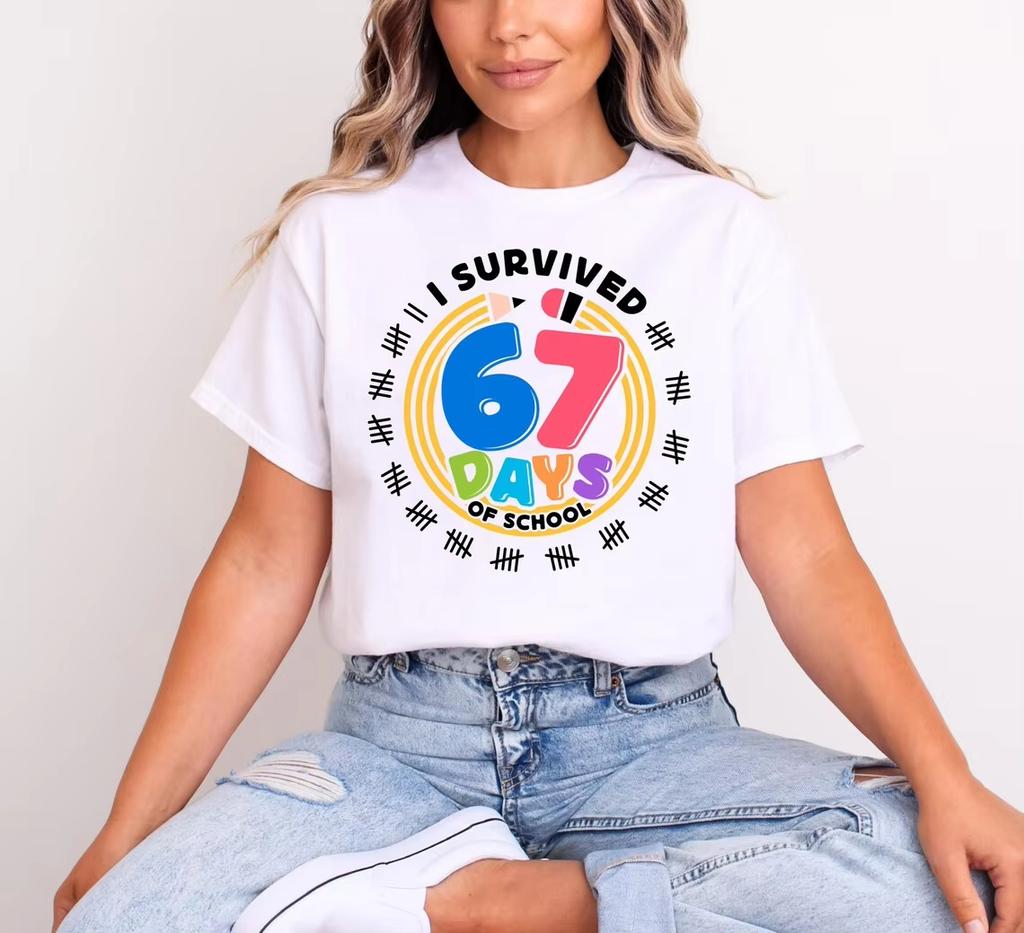 Unique I Survived 67 Days of School Tee  Funny Student Life Graphic TShirt  Creative Gift Top for Women Unisex and Teens Tops