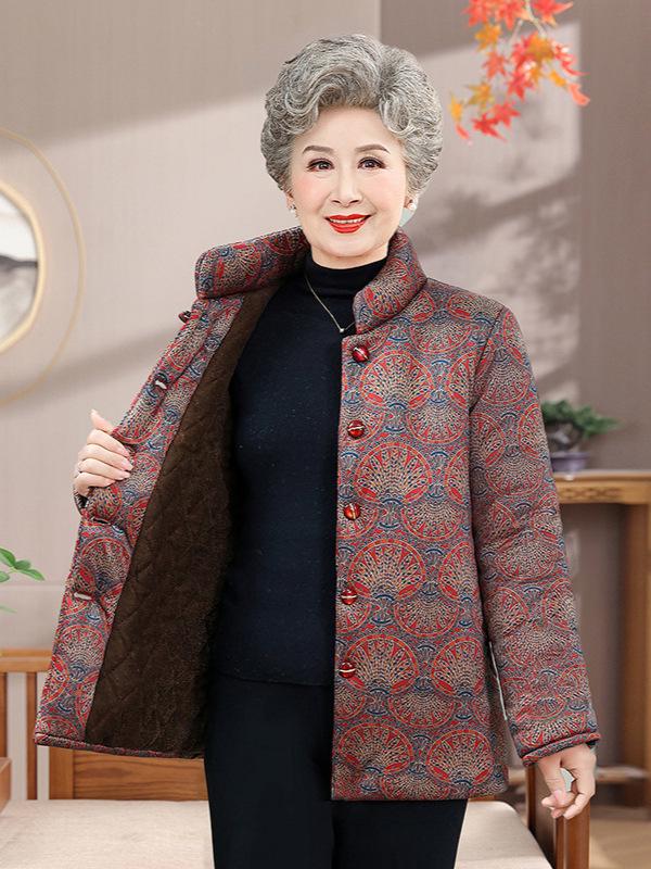 Warm, Thickened Stand Collar Jacket with Fleece Lining for Elderly Women (70-80 years), Cotton Padded for Cold-Proof Comfort.
