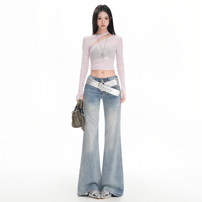 Ice Blue Women's Low-Waist Slim Fit Micro Flare Jeans - 2025 Trendy Extended Length Cropped Pants