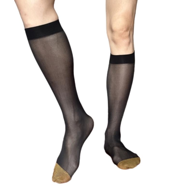 Men's Over The Calf Dress Socks Breathable Fabric Thin See Through Nylon Stockings for Formal Event and Business Meeting