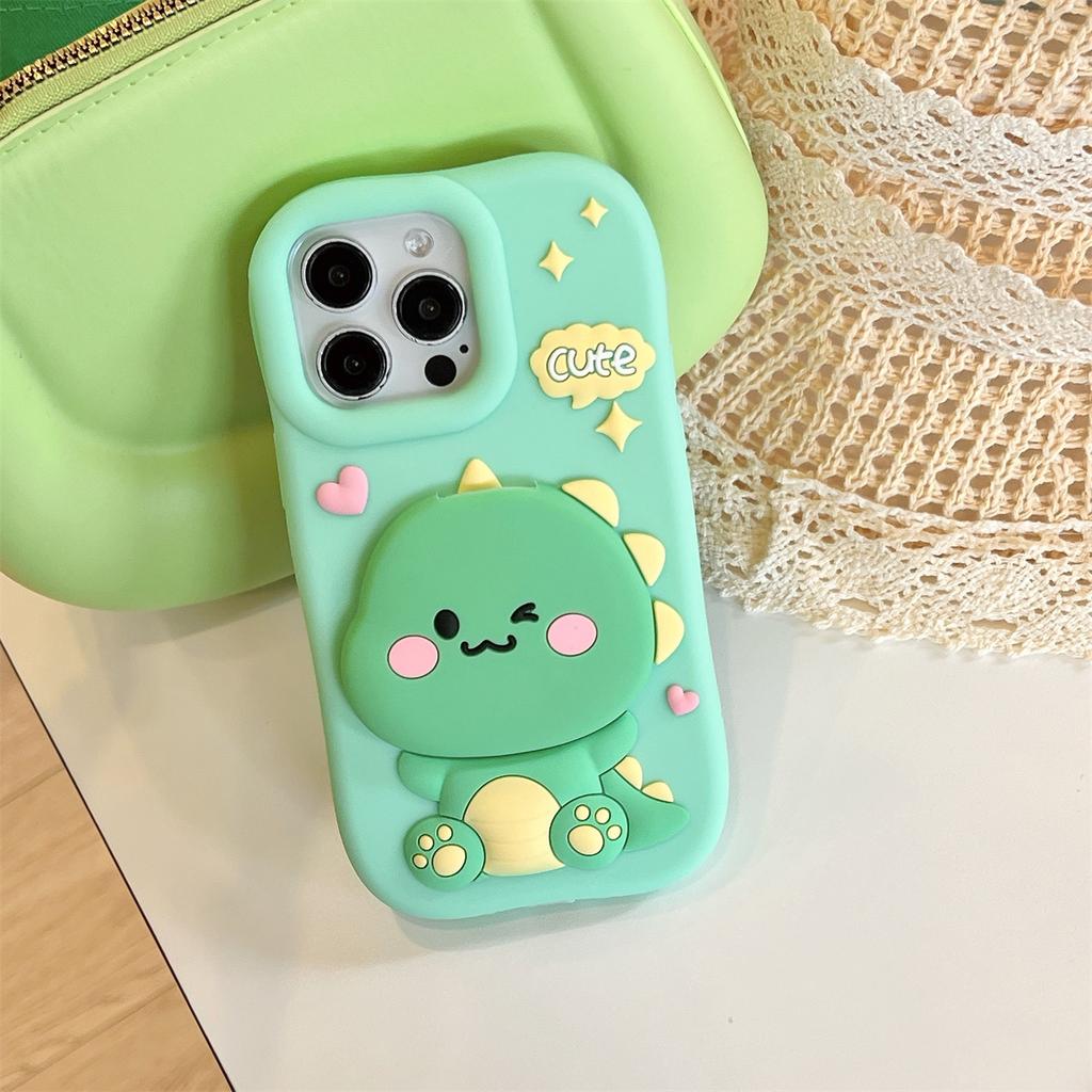 For iPhone 16 Pro Max Silicone Case Cute Dinosaur Mirror Design Shockproof Phone Back Cover
