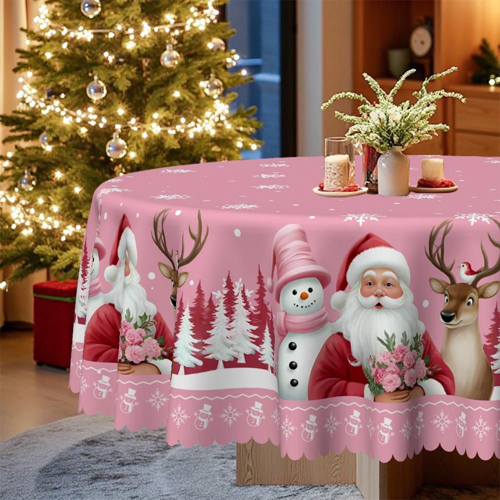 Christmas Atmosphere Tablecloth Santa Elk Snowman Print Pink Round Table Cloth Rectangular Coffee Table Cloth