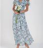 European and American New Beach Pendulum Long Dress Chiffon Floral Short-sleeved Ruffle V-neck Fashion Waist Dress