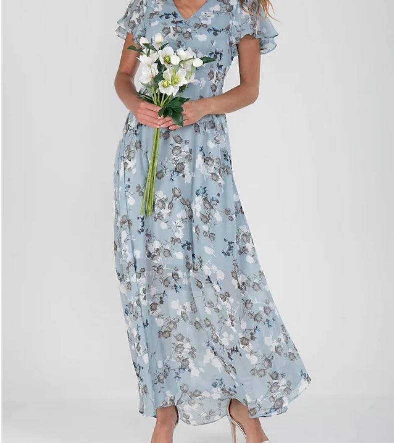 European and American New Beach Pendulum Long Dress Chiffon Floral Short-sleeved Ruffle V-neck Fashion Waist Dress