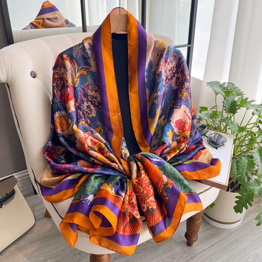 Popular 180X90CM Print Bandannas Europe America Silk Scarves Four Seasons Satin Beach Towel Fashion Flower Long Shawls