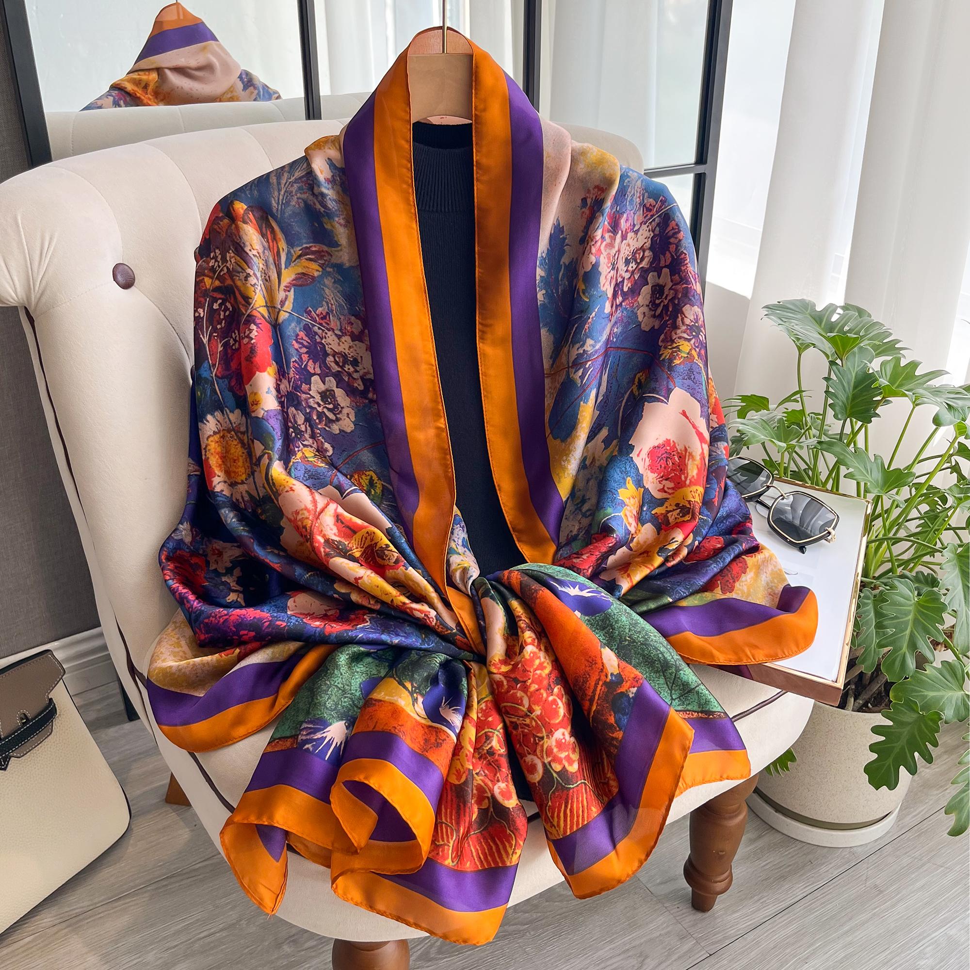 

Popular 180X90CM Print Bandannas Europe America Silk Scarves Four Seasons Satin Beach Towel Fashion Flower Long Shawls
