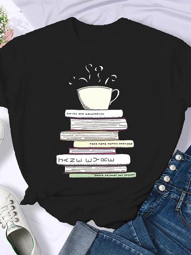 Woman Plus Size Round Neck Half Sleeve T-shirt Printed T-shirt Top New T Shirt Coffee Books Brown Books American Retro T-shirt