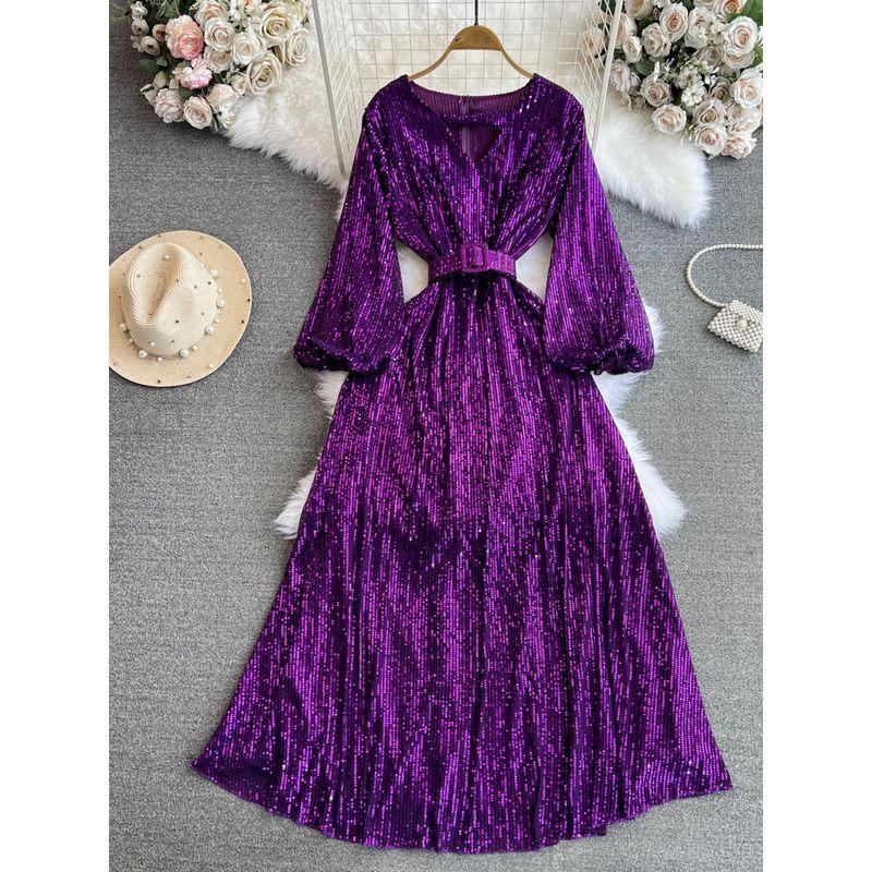 

Доступная роскошь Платье А-силуэта с длинным рукавом-фонариком Элегантность Пайетки