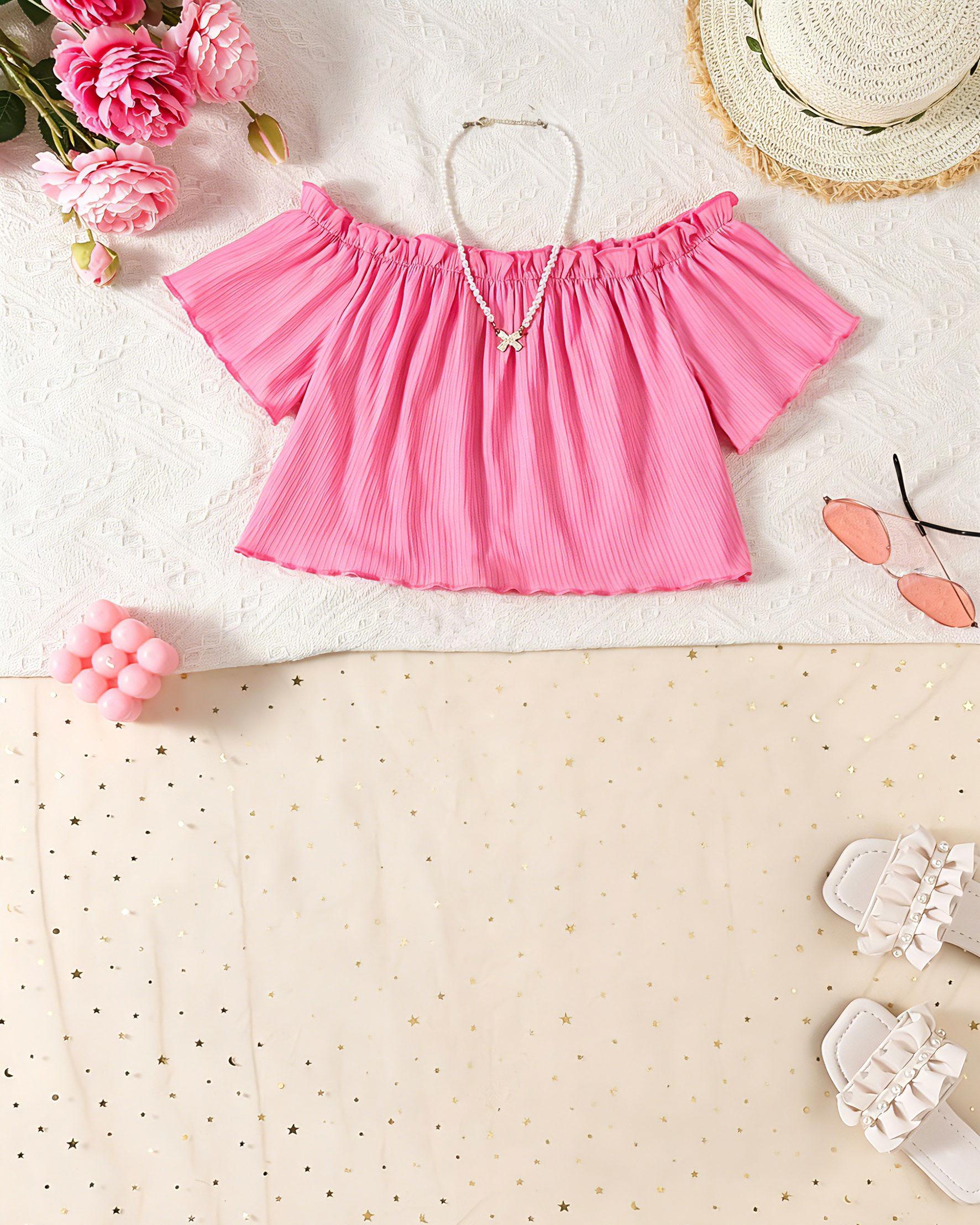 Sweet Pink Off-Shoulder Short-Sleeve Top for Girls - New Summer Style 8Y розовый