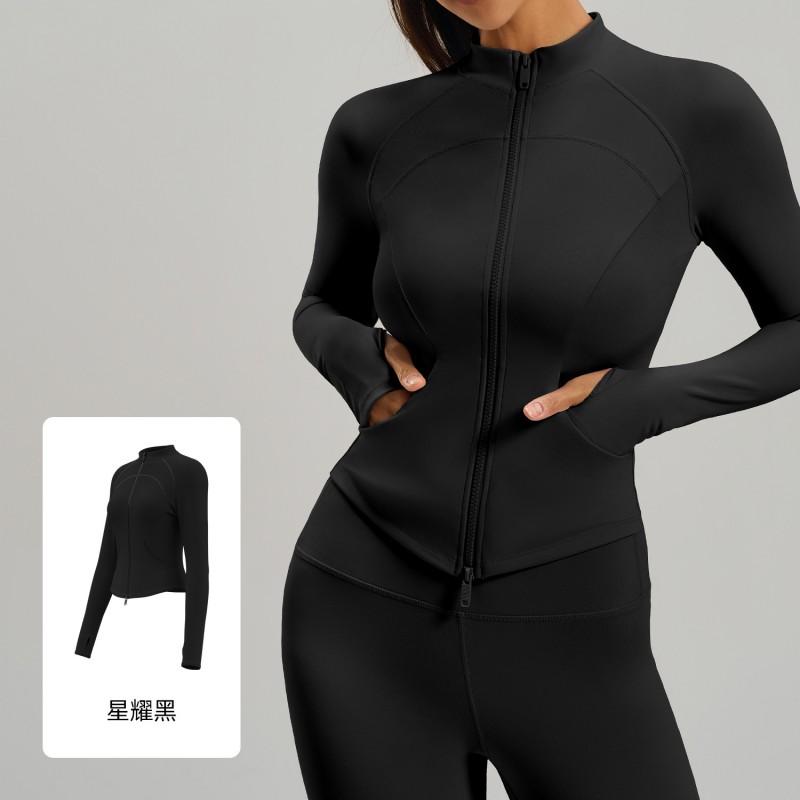 Womens Slim Fit Long Sleeve Zip-Up Yoga Top With Side Pockets Running Gym Workout