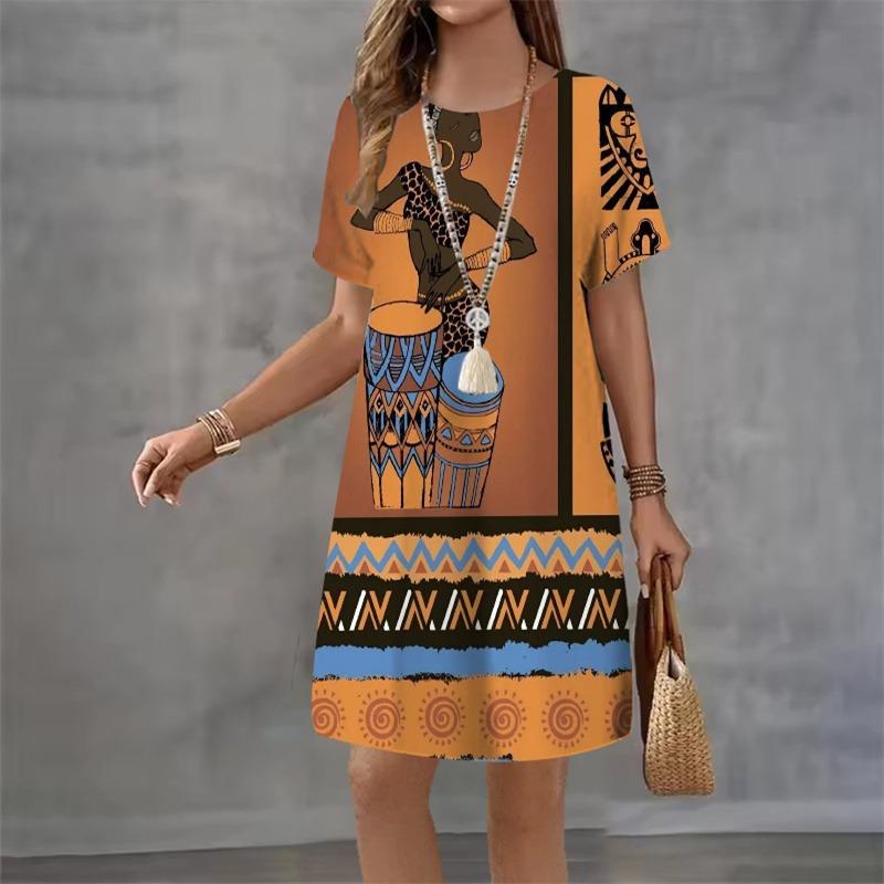

Ladies Short Sleeve Dress Summer round Neck Casual Mini Skirt 3D Indian Style Personalized Dress XL