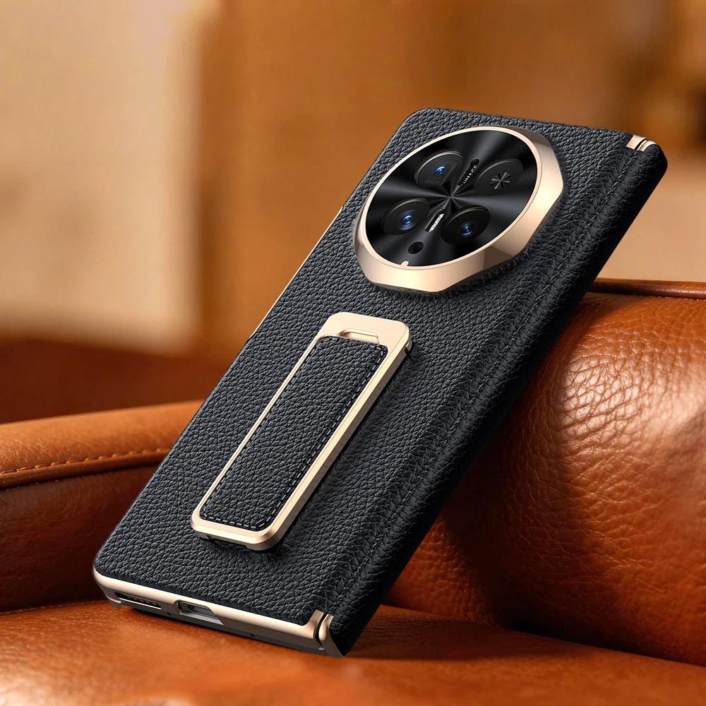 For Honor Magic V6 Genuine Leather Phone Case with Rotating Wrist Strap Stand Magnetic Dual-Axis Electroplated Litchi Texture