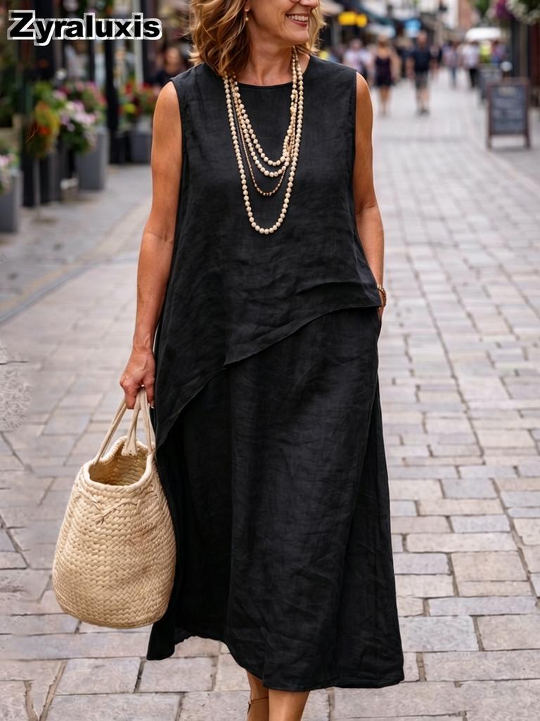 Women's Casual Cotton Linen Irregular Vest and Half Skirt Set Long Maxi Dress Outfit