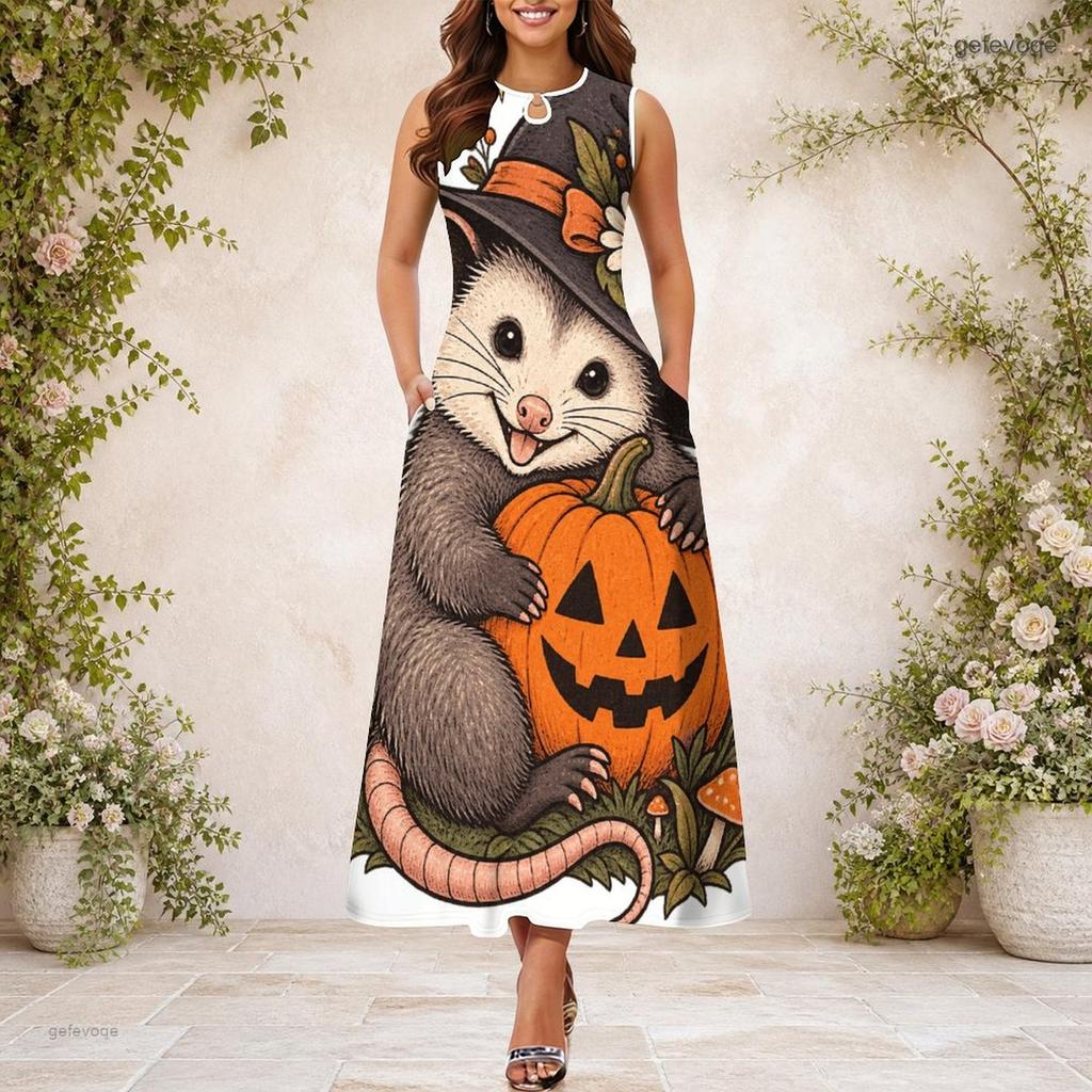 Women Plus Size Keyhole Neck Sleeveless Halloween Sloth Print A Line Long Dress