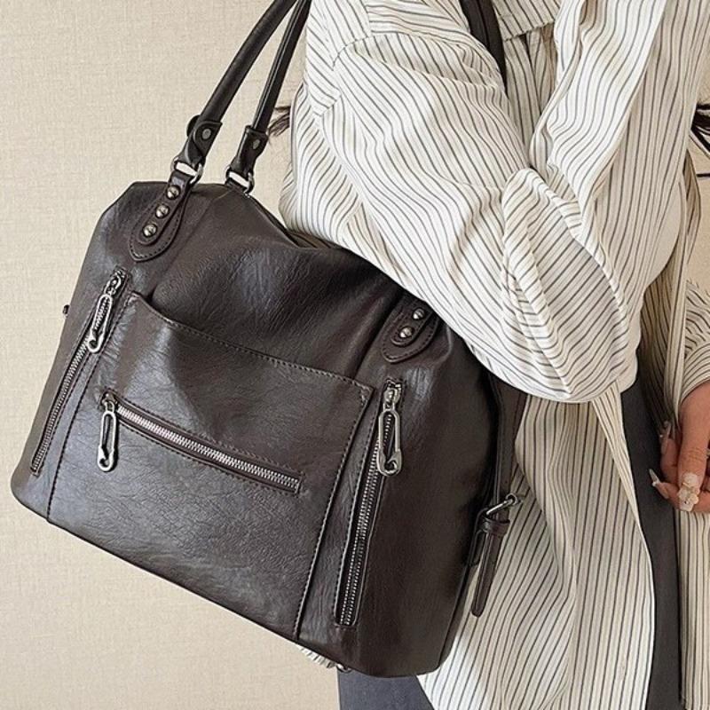 New Retro Style Multi-bag Handbag Large Capacity Soft Washed Leather Messenger Bag Solid Color Tote Bag