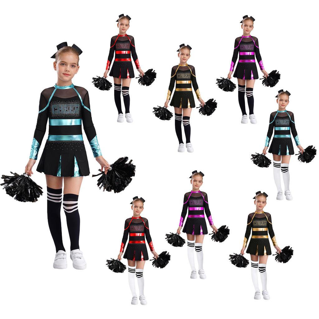 Children's Cheer Leader Costume Halloween Cheerleading Uniform Dress with Pompoms and Socks Carnival Party Fancy Dress Outfit