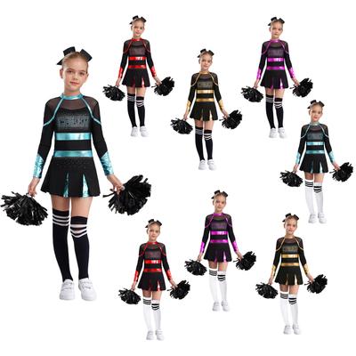 Meisjes Cheerleading Kostuum Glitterende Strass Letterprint Metallic Lange Mouw Jurk