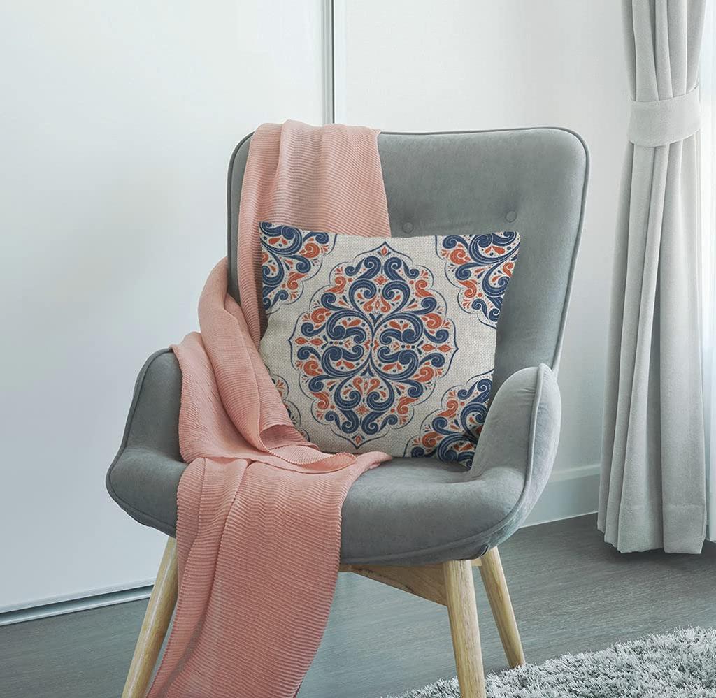Marokkanische Damast Kissenhülle Marineblau Terrakotta Blumendruck Ethnisch Bohème Kissenhülle für Sofa Bett Couch Rustikale Wohnkultur