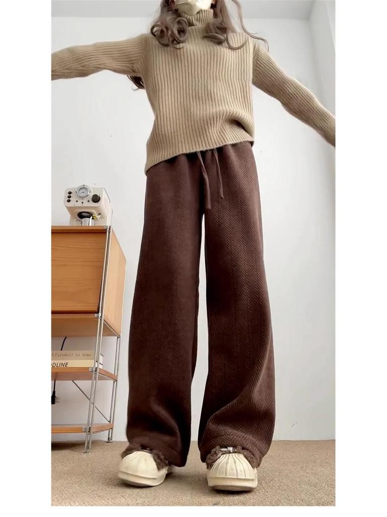 Pantalones de Café de Pierna Ancha y Cintura Alta para Mujer - Versátiles para Primavera, Otoño e Invierno con Terciopelo Plus, Corte Holgado, Estilo Casual Drapeado.