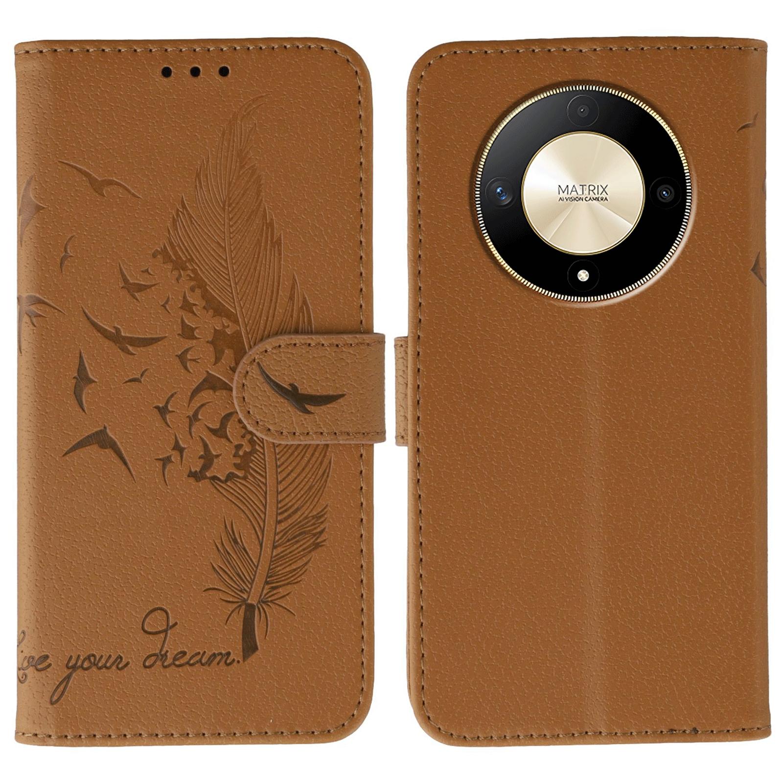 

Чехол для телефона для Honor Magic6 Lite 5G/X50 5G/X50 GT 5G/X50 Pro 5G/X9b 5G с принтом перьев, кошелек-обложка из ПУ кожи Brown