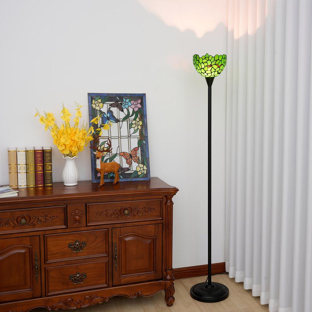 Stained Glass Torchiere Floor Lamp Industrial Style Standing Corner Light Antique Handcrafted Pole Floor Reading Uplight Lamp