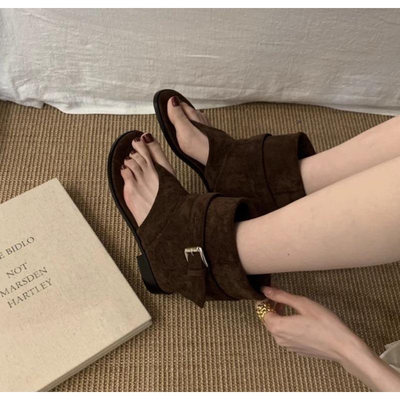 

Мода 2025 Весна Сандалии-балетки с перемычкой между пальцами Летний модный тренд Брючные сапоги Повседневное платье Уличный стиль Обувь 35 кофейный