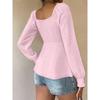 Women V Neck Drawstring Ruched Solid Color Loose Long Sleeve Casual T Shirt
