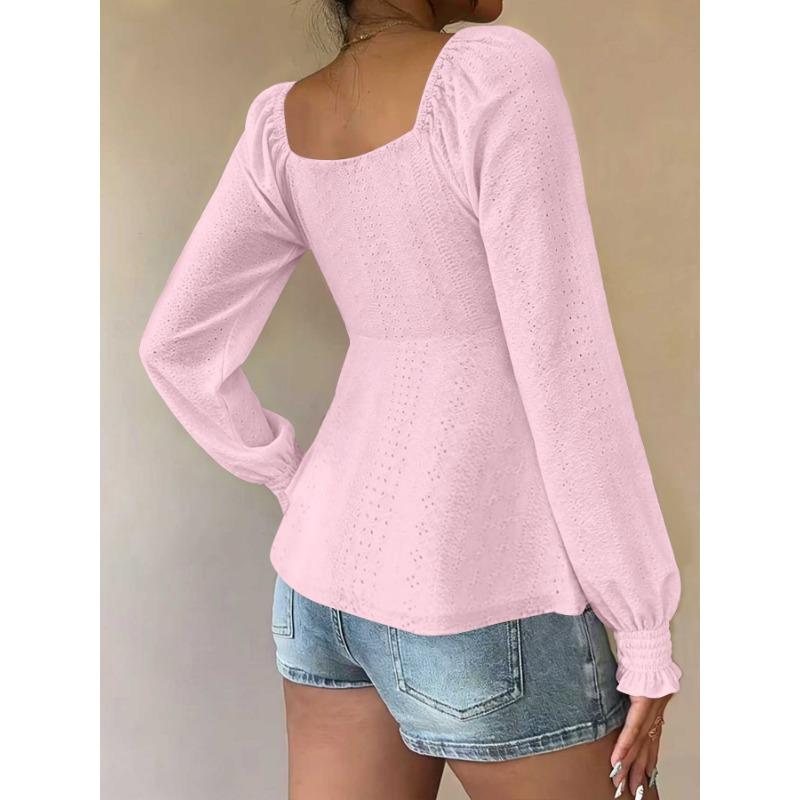 Women V Neck Drawstring Ruched Solid Color Loose Long Sleeve Casual T Shirt