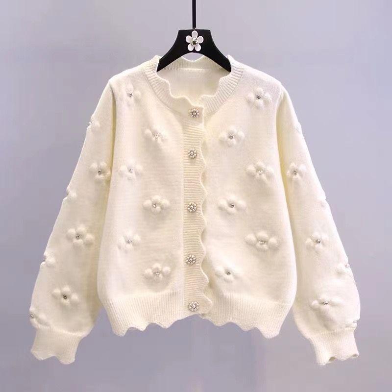 

Spring and Autumn new fresh and sweet style fashion irregular cardigan lace collar three-dimensional beaded small flower sweater jacket women Average size 53-105 білий