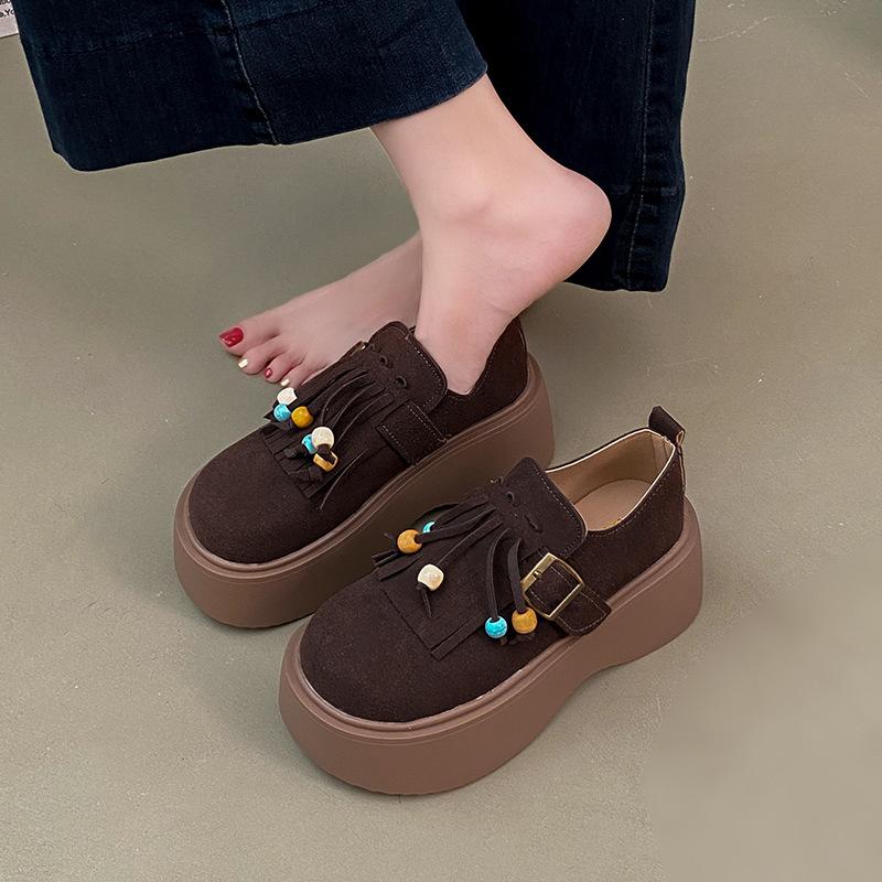 Platform Birkenstocks women's 2025 new autumn retro fringed pearl one-pedal loafers versatile single shoes