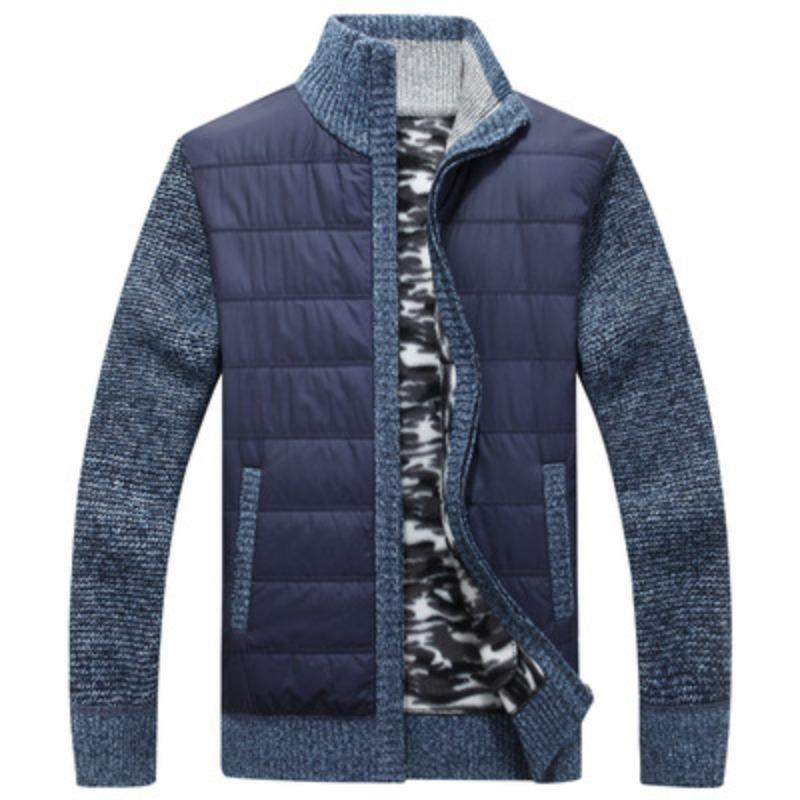 Winter Men's Warm Knitted Jacket with Plush and Thick Standing Collar Men's Loose Size Padded Cardigan