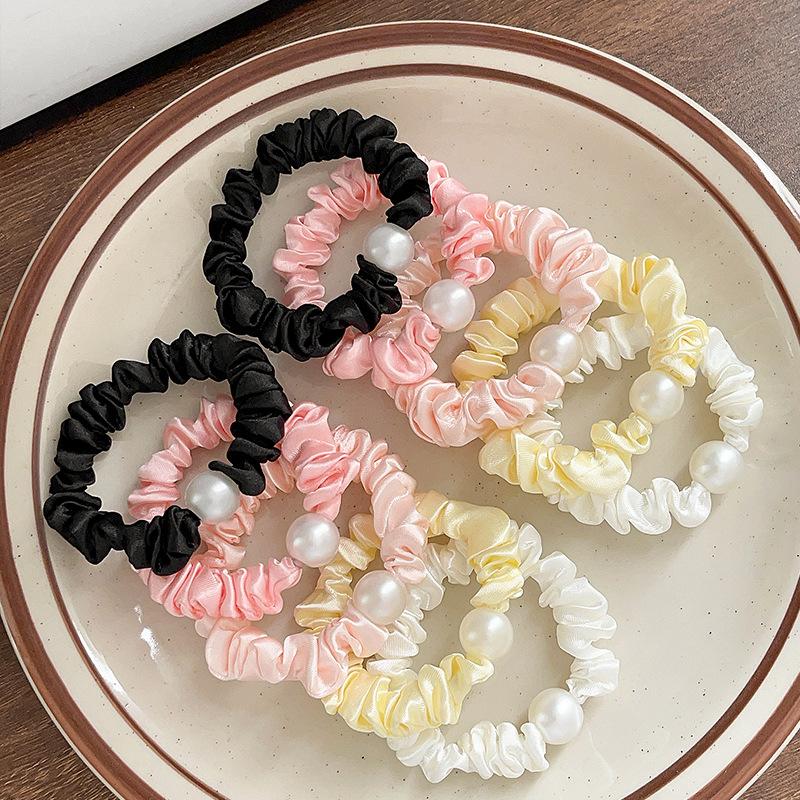 Small Intestine Hair Band Satin Fabric Pearl Headband Daily Hair Rope Tie Hair Rubber Band