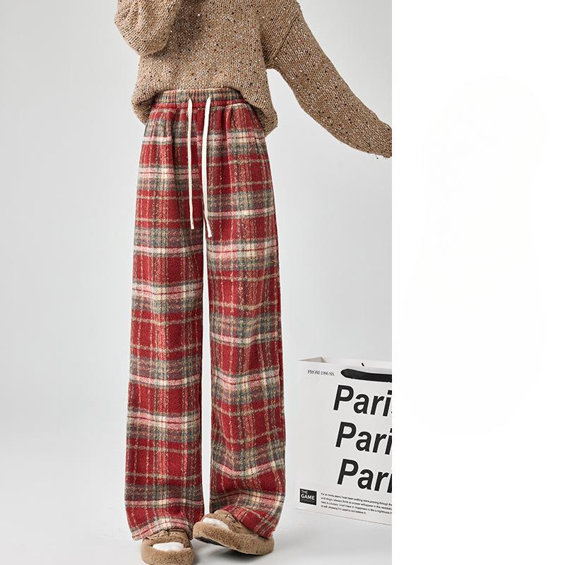 Plaid Pants for Women's Spring and Autumn New High-waist Draped Straight-leg Casual Small Retro Wool Wide-leg Pants