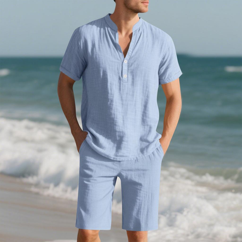 Men's Short Sleeve Shorts Suit Casual Loose Linen Men's Short Sleeve Shorts Suit