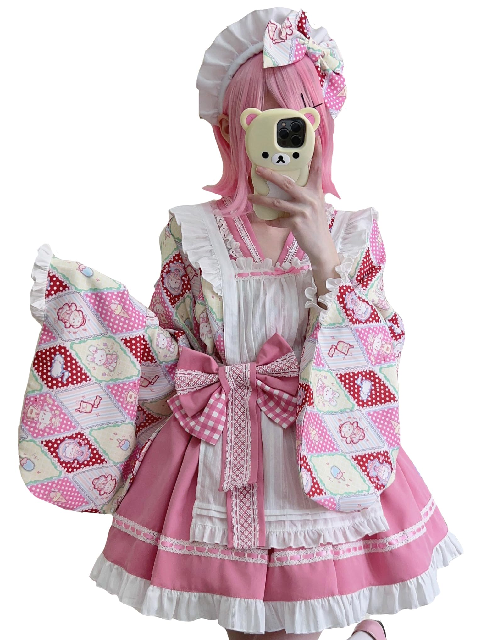 

XHSUKADO Kimono Set Retro Mini and Ribbon Cute Long Showa Era Rabbit and Shrine Maiden Check Size M Women s 4-Piece (Summer/Autumn), Yukata, Skirt, розовый