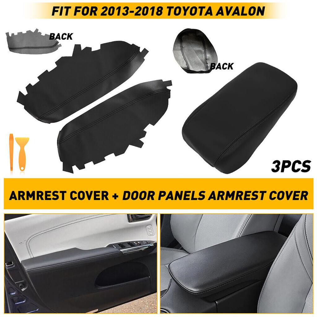 3PCS Black Leather Armrest Cover Set for Toyota Avalon 2013-2018 Skin for Center Console Lid & Front Door Panels Anti-Scratch