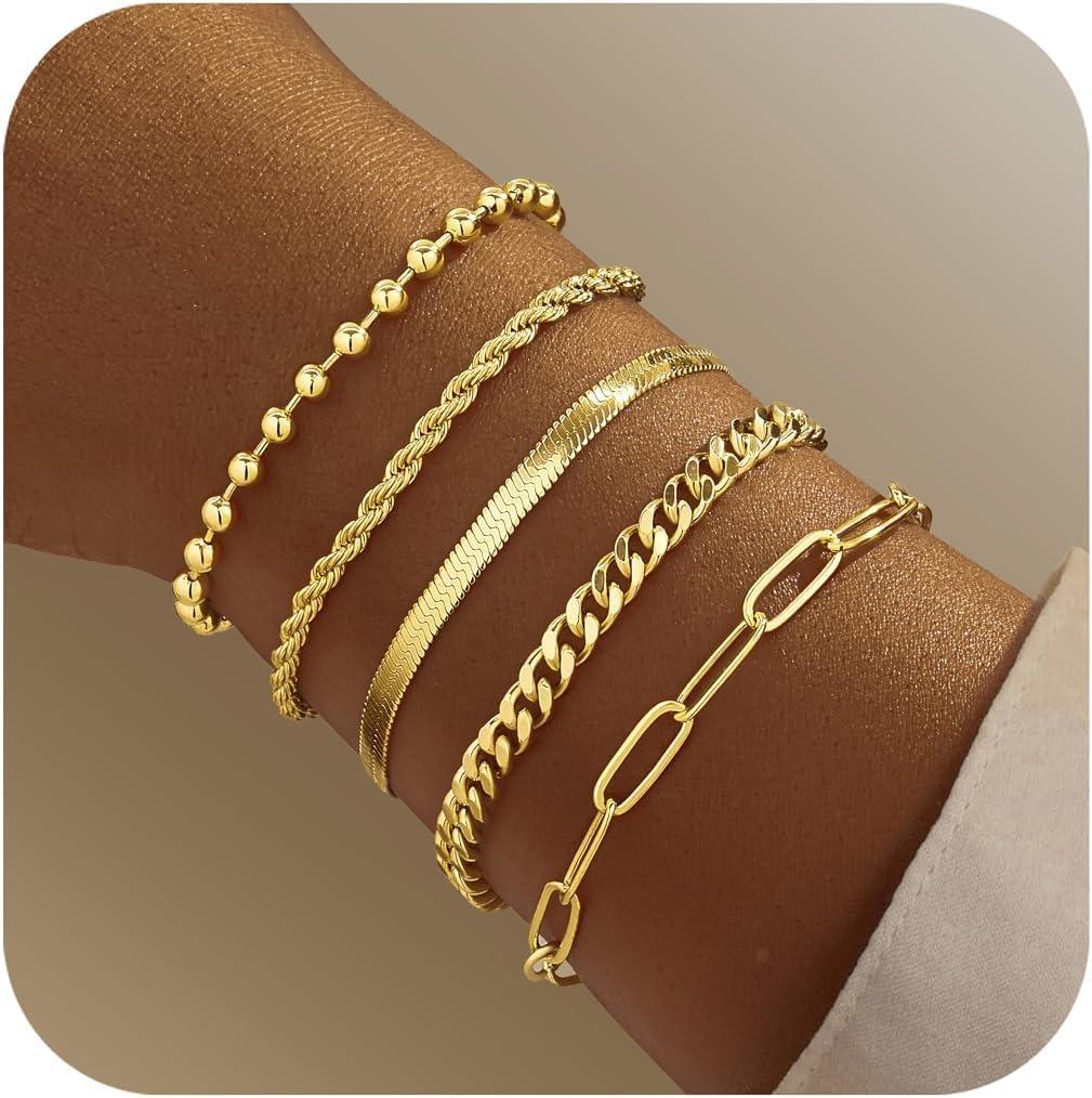 Brățări de Aur pentru Femei Set de Brățări pentru Femei Brățări de Aur de Tip Stack cu Mărgele, Cubană, Agrafă de Hârtie, Șarpe, Frânghie Cadouri pentru Femei 16.5cm brown