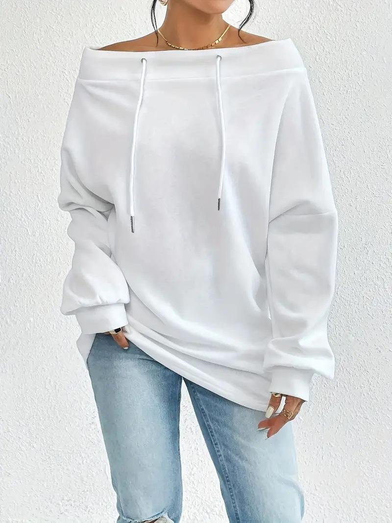 Women s Off Shoulder Long Sleeve Sweatshirt Loose Fit Casual Style Solid Color Drawstring Pullover Oversized Daily Sweatshirt Top S