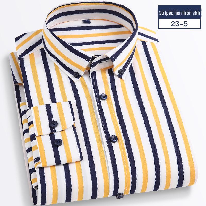 

Мужская рубашка 2025 года в полоску, с длинным рукавом, облегающего корейского кроя — повседневная деловая одежда, не требует глажки, удобная. 44