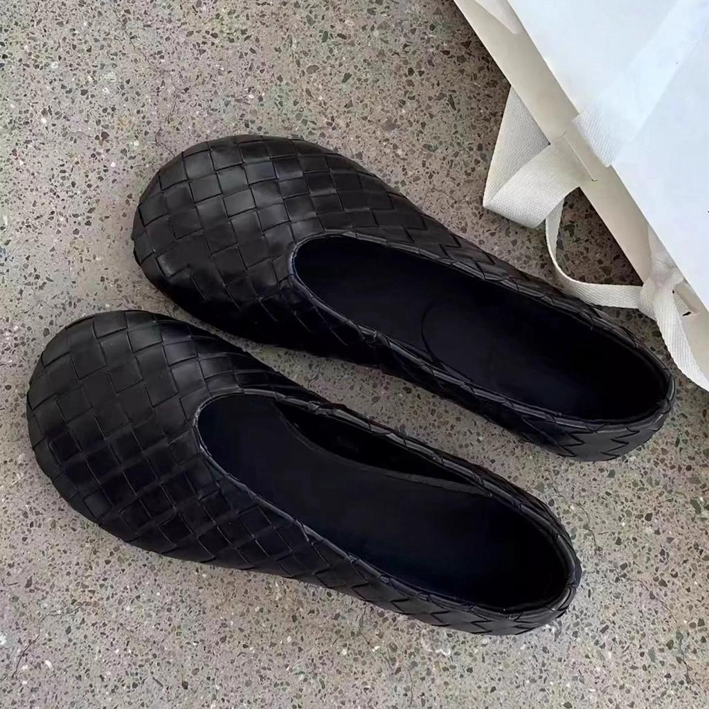 Cowhide version~ Retro leather flat-soled woven single shoes for women's commuting comfort, shallow mouth soft-soled Mary Jane ballet shoes